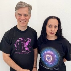 Roger modelling a Leafgirl t-shirt and Summer modelling a Nebula t-shirt